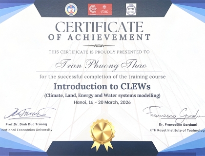  Certificate of completing course “Introduction to CLEWs - Climate, Land, Energy and Water systems modelling