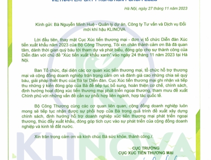 Certificate of attendance Vietnam export promotion forum 2023 of KLINOVA staff 